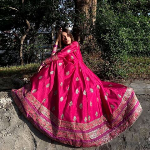 Kattan Silk Block Printed Maxi with Organza Dupatta
