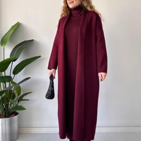 Winter Co-Ord Set – Long Shrug & Bodycon Turtleneck Dress 2PC