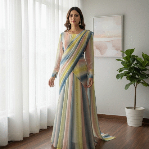 Rainbow Pint Chiffon Maxi + Saree (2 in 1)