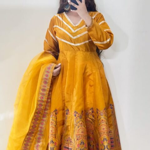 Elegant Kattan Silk Maxi with Block Print and Gotta Embellishments