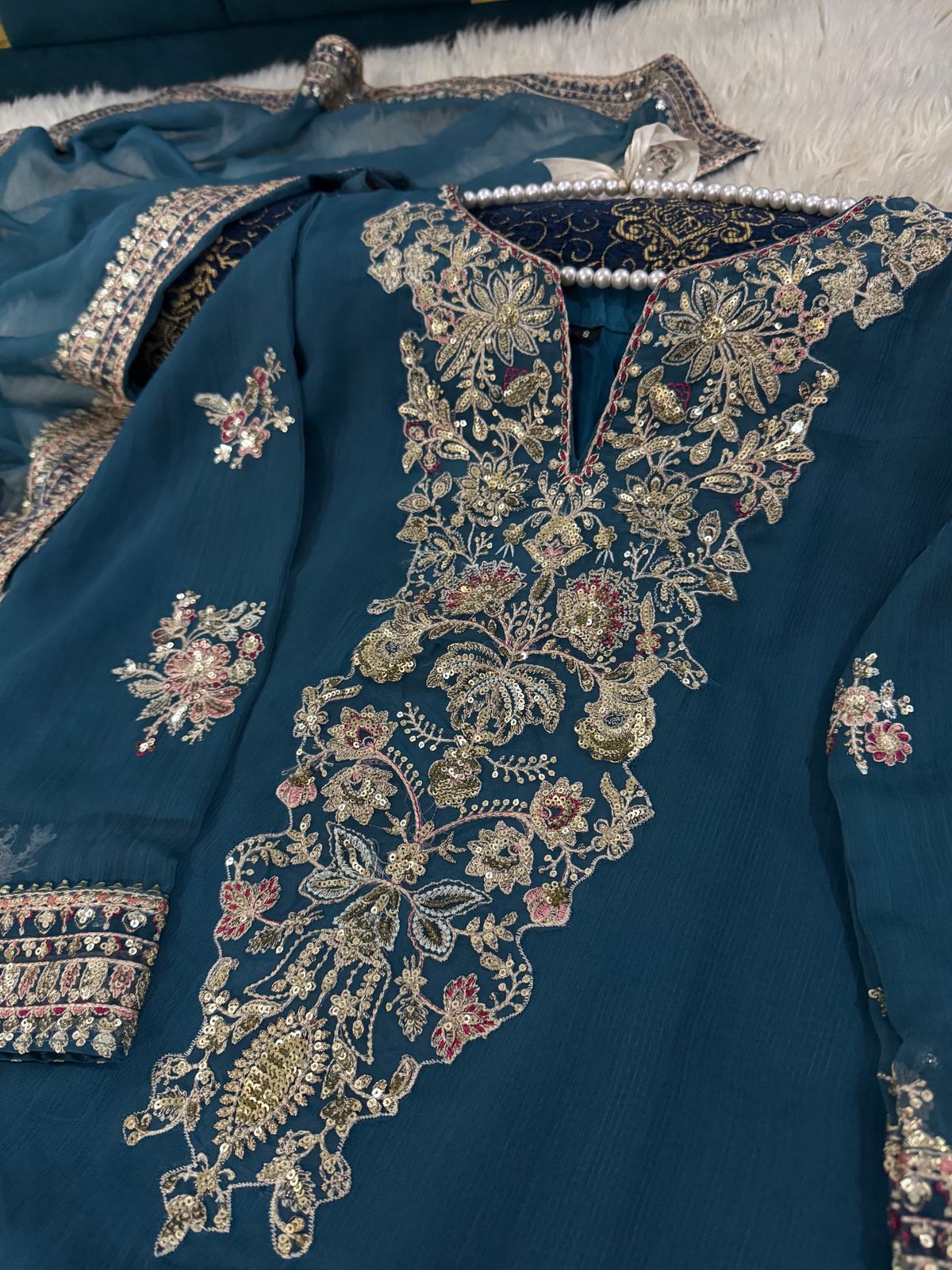 Heavy Sequins Tilla Embroidery 3PC Chiffon Suit - Image 7