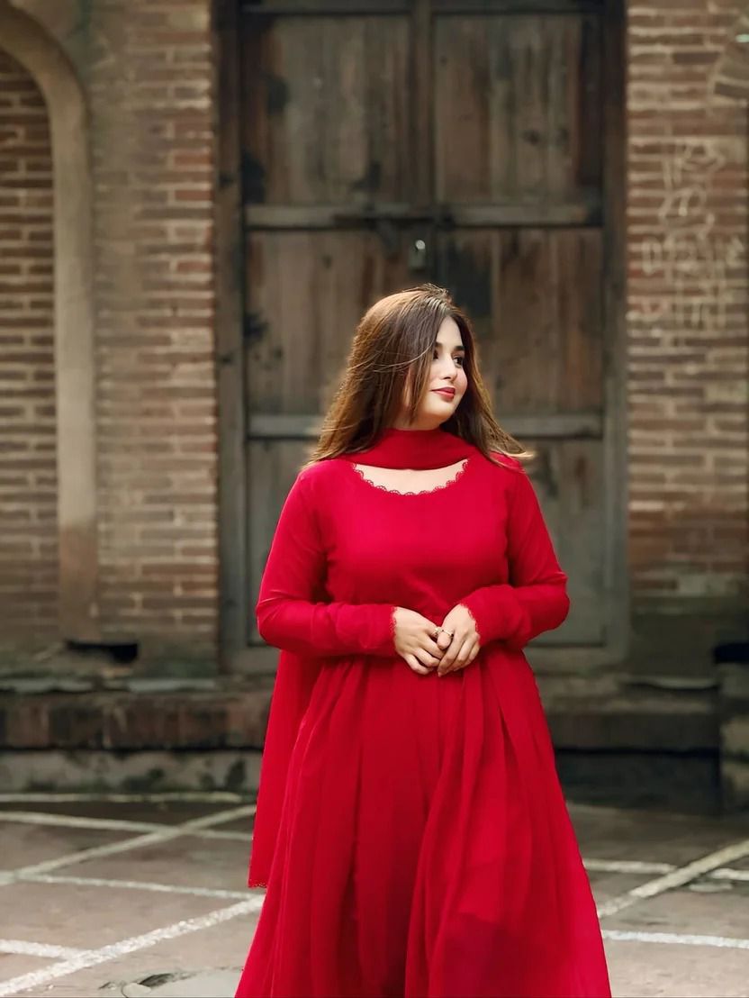 Red Long Maxi 3 Piece Chiffon Suit