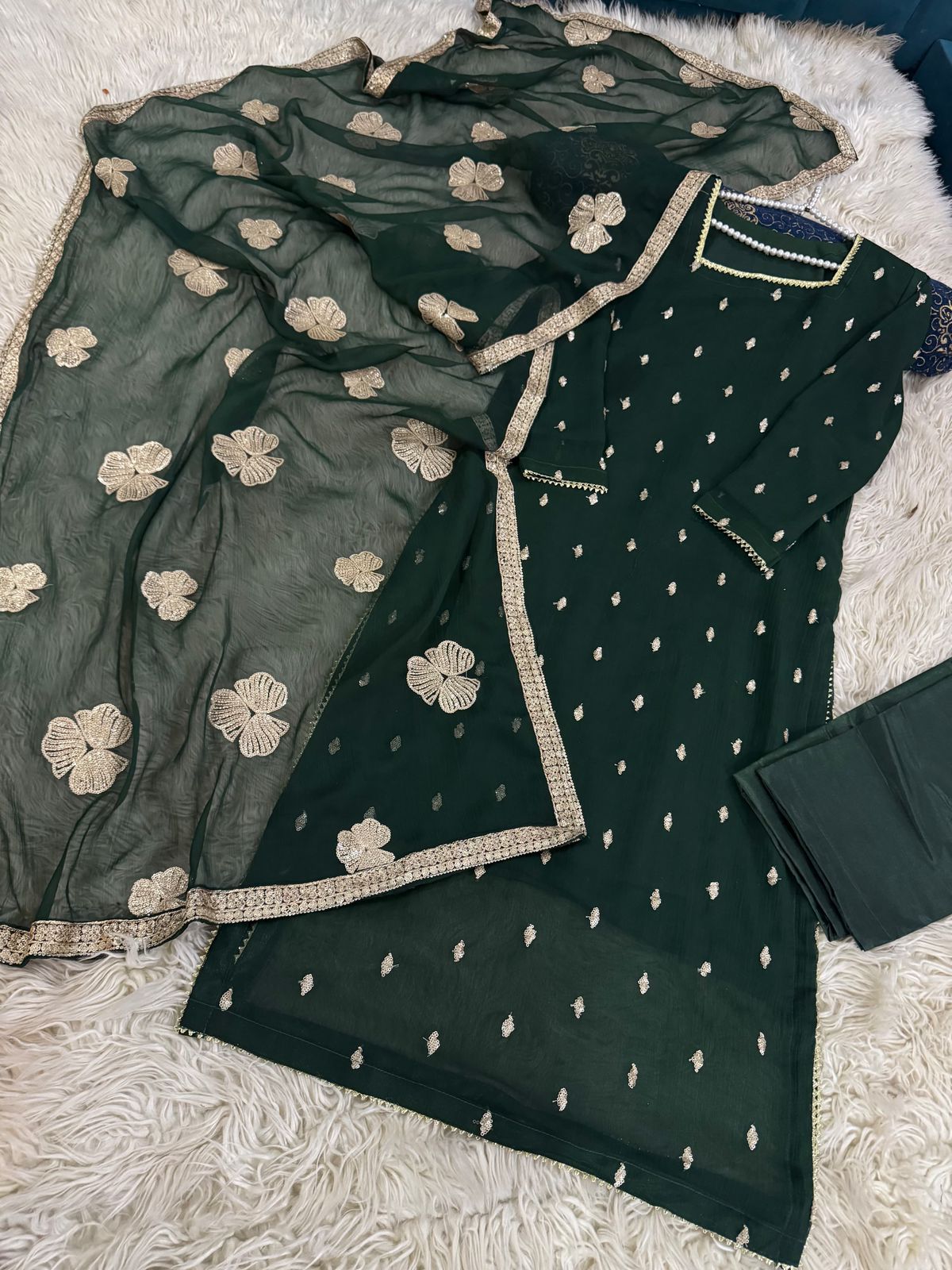 Heavy Sequins Embroidered 3PC Chiffon Suit Full Salves - Image 4