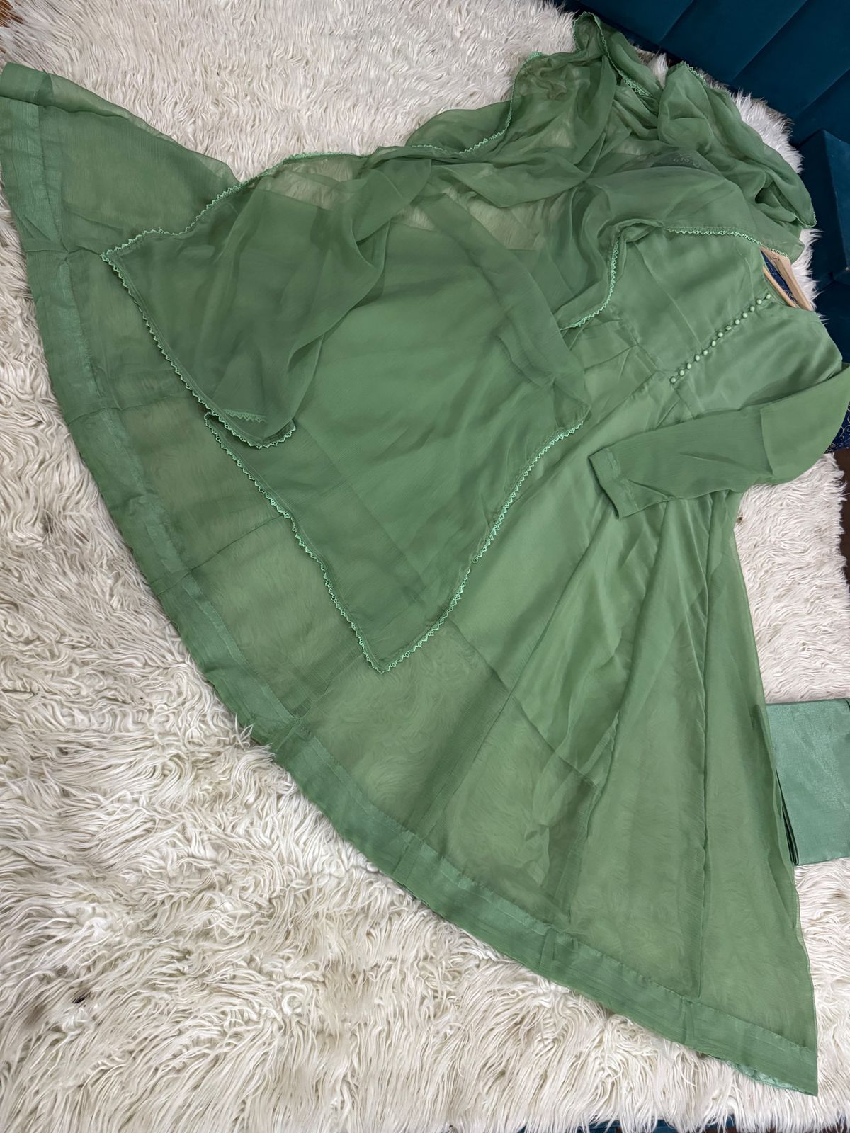 Chiffon Maxi 3PC Suit with Button Embellishment & Lace Dupatta - Image 2