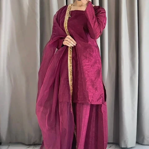 Luxe Rawsilk Plazo Set with Back Neck Doori Organza Dupatta 3 Piece
