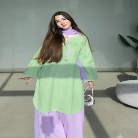 Woman wearing Lavender Matcha mint green and lilac lawn cotton three piece suit with farshi shalwar