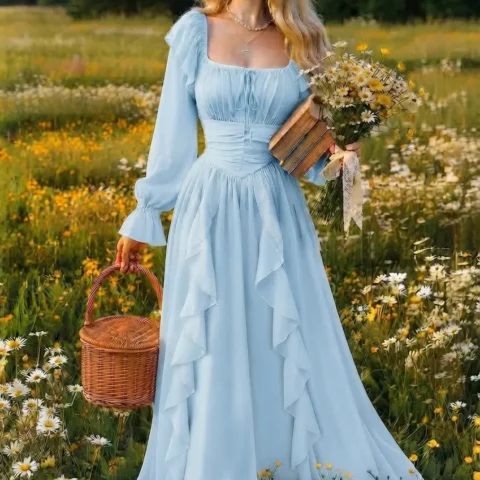 "Elara ruffle maxi dress blue cascading ruffle"