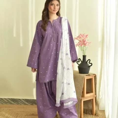 mauve heart print lawn suit lace neckline