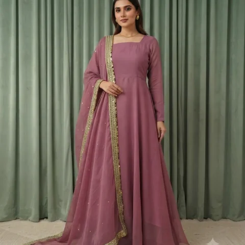 alt="elegant plain anarkali maxi dress heavy dupatta"