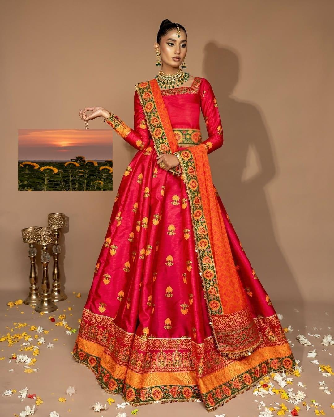 Indian Raw Silk Lehnga Choli with Organza Dupatta