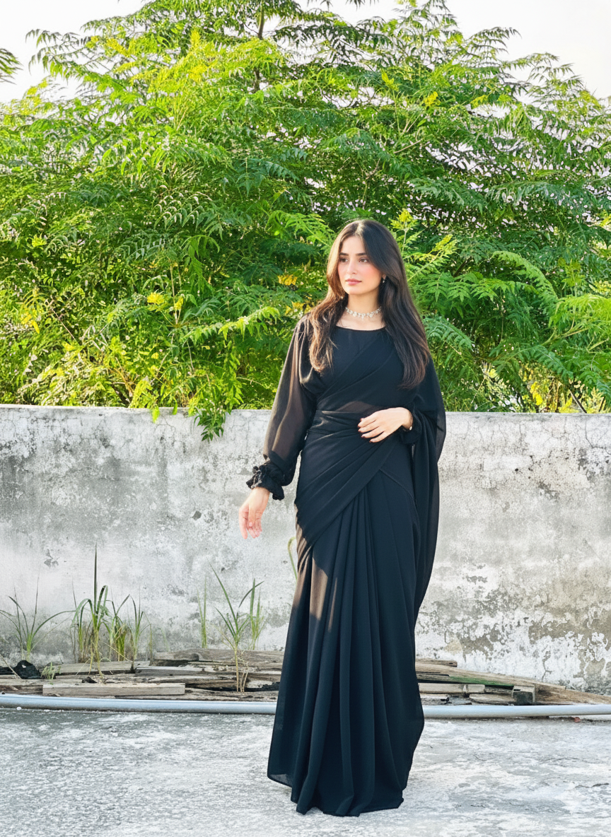 Imported Chiffon Plain Maxi + Saree (2-in-1) - Image 9