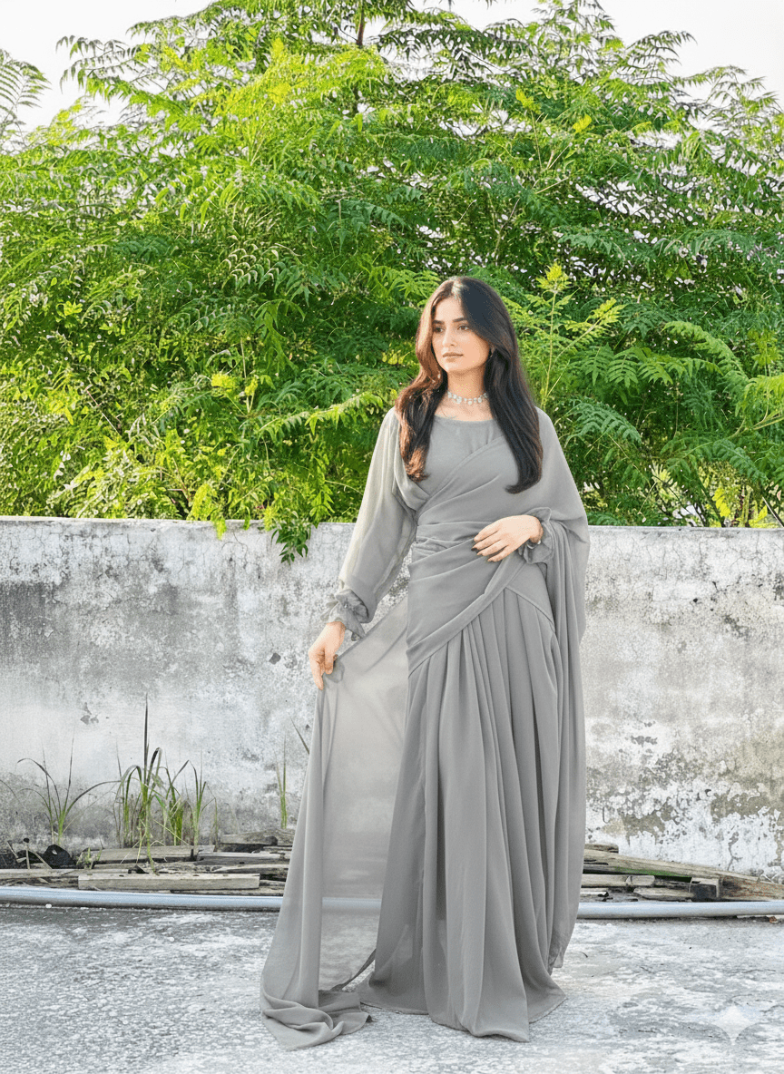 Imported Chiffon Plain Maxi + Saree (2-in-1) - Image 3