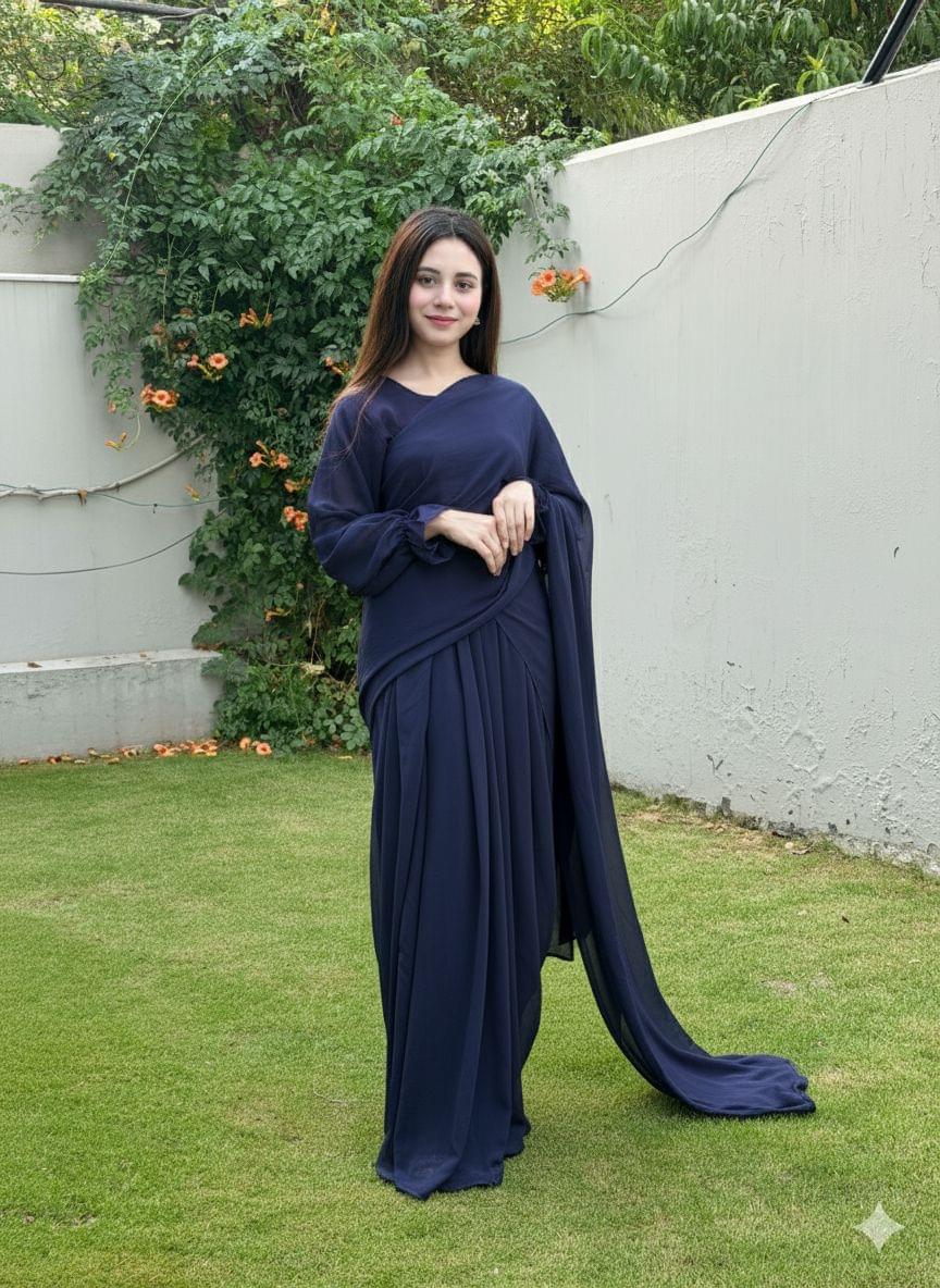 Imported Chiffon Plain Maxi + Saree (2-in-1) - Image 5