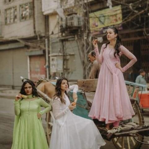 Model wearing chiffon maxi 3PC suit for wedding